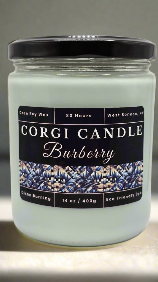 Burberry 14 oz soy candle in a matte black glass jar with a minimal label, inspired by classic men’s cologne, hand-poured by CORGI CANDLE