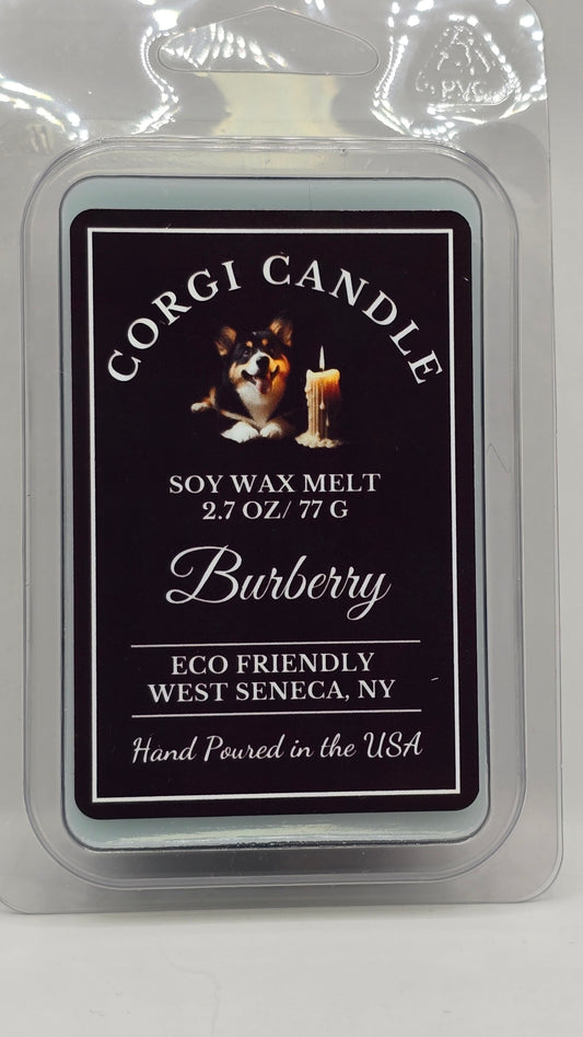 Front of Burberry Wax Melts packaging by CORGI CANDLE showing product label and branding