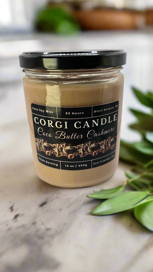 Coco Butter Cashmere 14 oz soy candle by CORGI CANDLE in a soft neutral setting, showcasing creamy coconut and vanilla tones