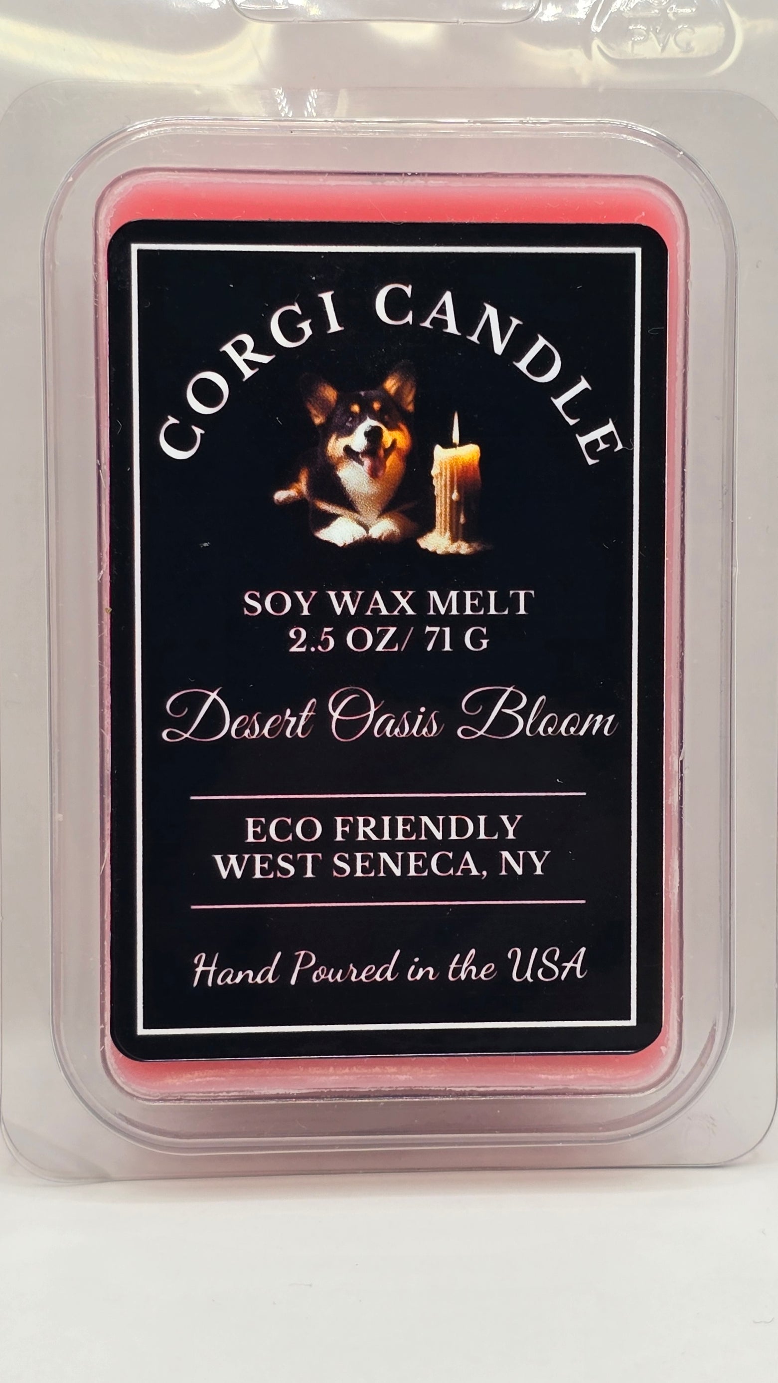Front view of Desert Oasis Bloom Wax Melts by CORGI CANDLE in eco-friendly clamshell packaging
