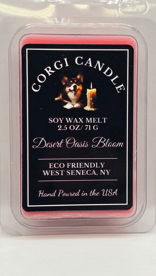 Front view of Desert Oasis Bloom Wax Melts by CORGI CANDLE in eco-friendly clamshell packaging