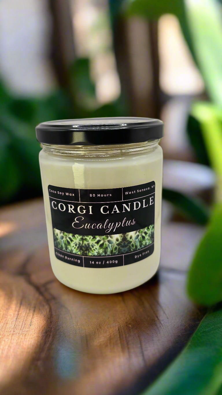Corgi Candle Eucalyptus 14 oz soy candle in a frosted glass jar with minimalist label, featuring fresh eucalyptus and mint aroma.