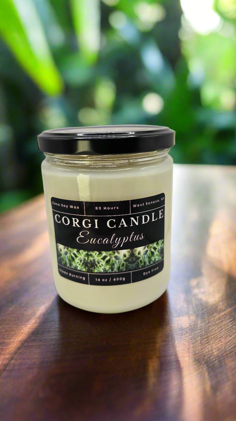 Corgi Candle Eucalyptus 14 oz soy candle in a frosted glass jar with minimalist label, featuring fresh eucalyptus and mint aroma.