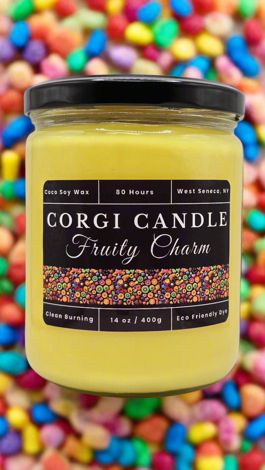 Fruity Charm 14 oz soy candle in a playful label and clear jar, hand-poured by CORGI CANDLE, featuring a scent inspired by Fruity Pebbles cereal.