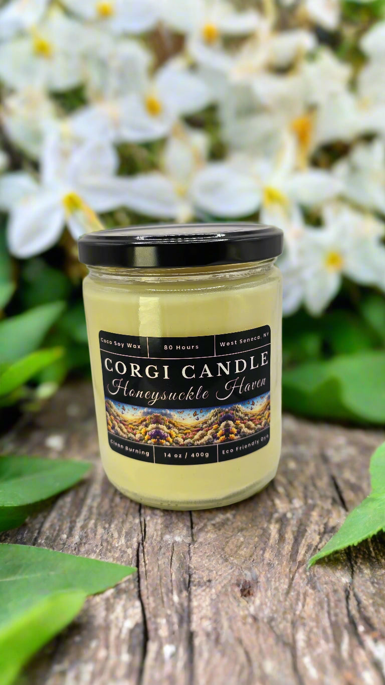Honeysuckle Haven 14 oz soy candle in a minimalist glass jar with a floral label, featuring sweet honeysuckle and jasmine fragrance, hand-poured by CORGI CANDLE