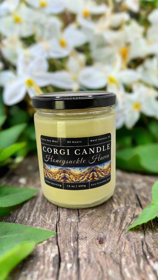 Honeysuckle Haven 14 oz soy candle in a minimalist glass jar with a floral label, featuring sweet honeysuckle and jasmine fragrance, hand-poured by CORGI CANDLE