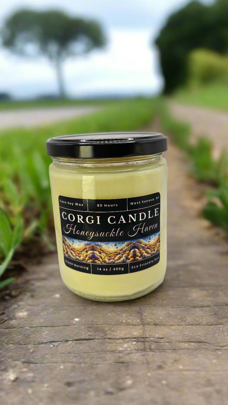 Honeysuckle Haven 14 oz soy candle in a minimalist glass jar with a floral label, featuring sweet honeysuckle and jasmine fragrance, hand-poured by CORGI CANDLE