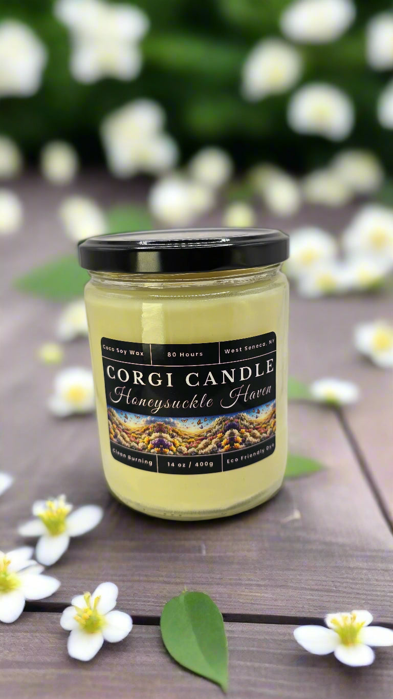 Honeysuckle Haven 14 oz soy candle in a minimalist glass jar with a floral label, featuring sweet honeysuckle and jasmine fragrance, hand-poured by CORGI CANDLE