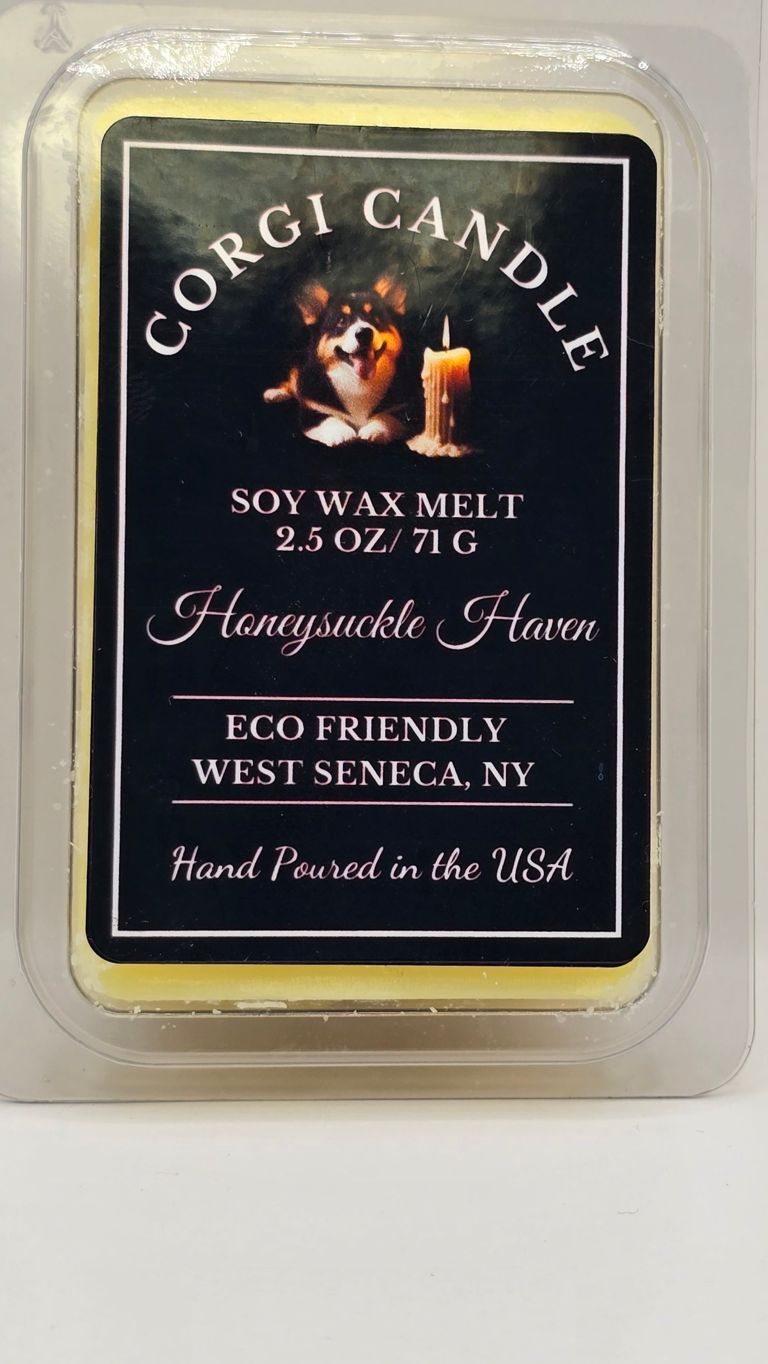 Front of CORGI CANDLE Honeysuckle Haven Wax Melts showing floral-themed label in standard clamshell packaging