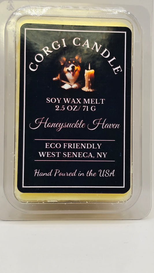 Front of CORGI CANDLE Honeysuckle Haven Wax Melts showing floral-themed label in standard clamshell packaging
