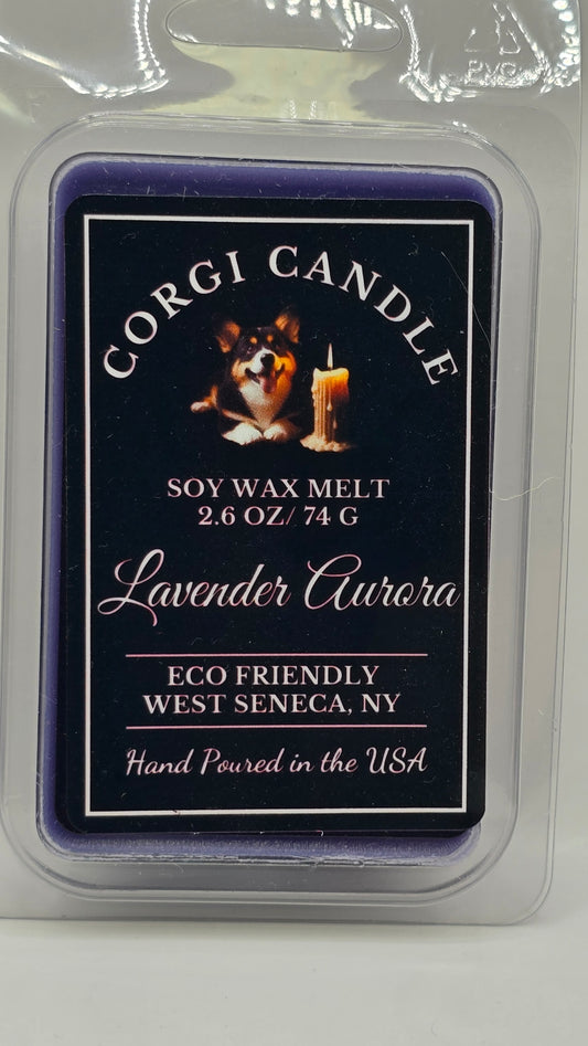 Front view of Lavender Aurora wax melts in standard packaging, labeled with CORGI CANDLE branding
