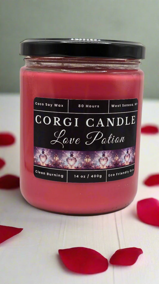 Love Potion soy candle in a romantic-toned glass jar with floral accents, featuring a peach, cherry blossom, and jasmine fragrance by CORGI CANDLE.