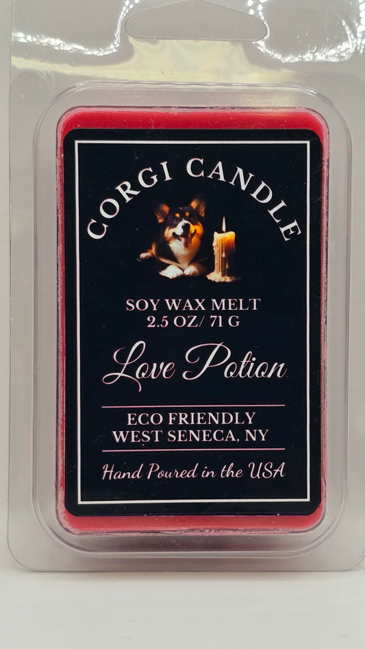 Love Potion soy wax melts in standard six-cavity clamshell packaging with pink-toned wax, labeled by CORGI CANDLE
