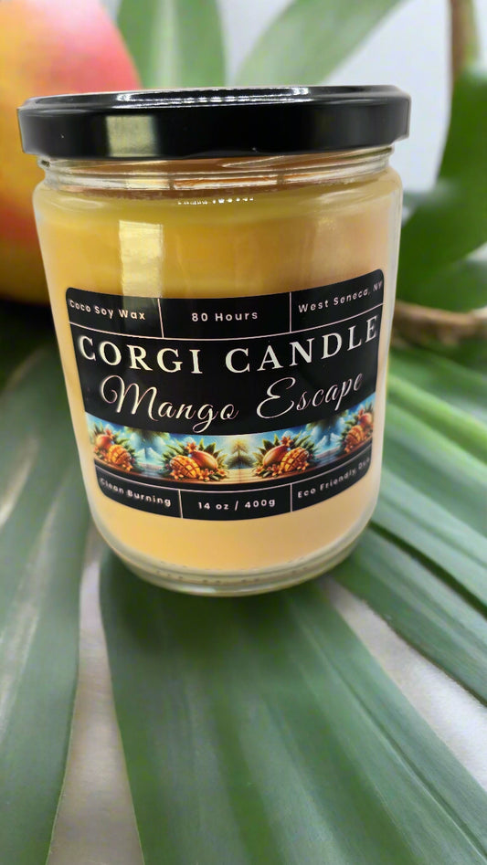 Corgi Candle Mango Escape 14 oz soy candle in a clear glass jar with a clean tropical label, featuring fruity notes of mango, coconut, and pineapple
