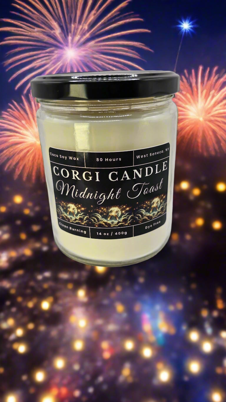 Corgi Candle Midnight Toast 14 oz soy candle in a sleek glass jar with elegant label, featuring citrus, berries, and champagne notes