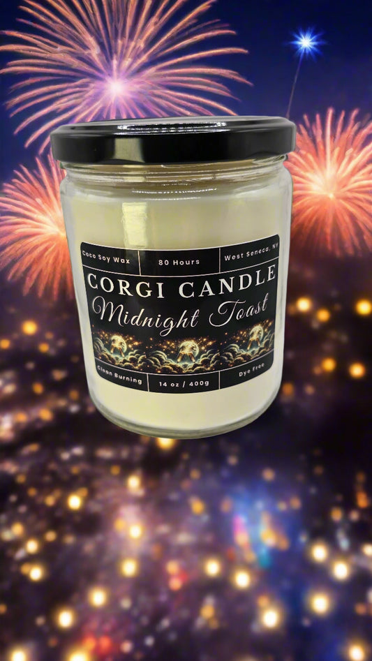 Corgi Candle Midnight Toast 14 oz soy candle in a sleek glass jar with elegant label, featuring citrus, berries, and champagne notes