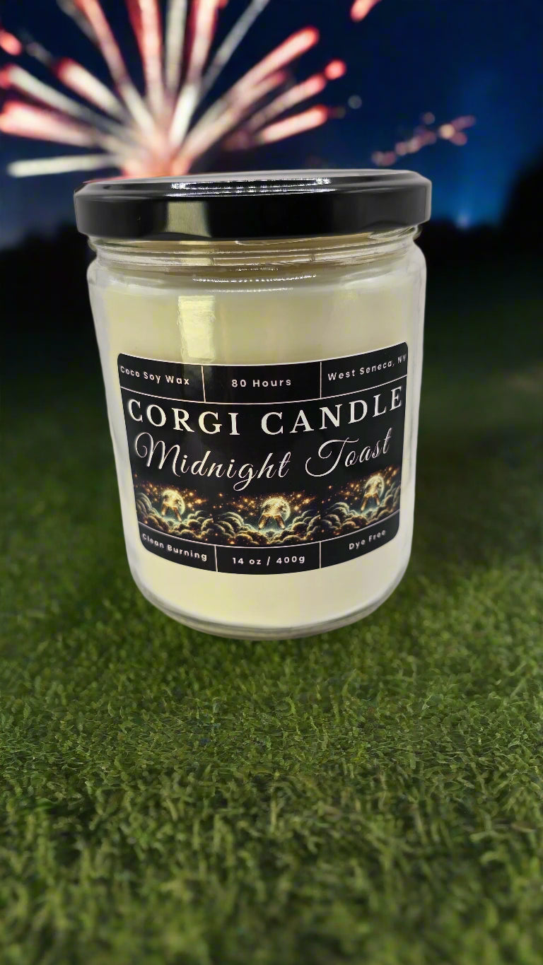 Corgi Candle Midnight Toast 14 oz soy candle in a sleek glass jar with elegant label, featuring citrus, berries, and champagne notes