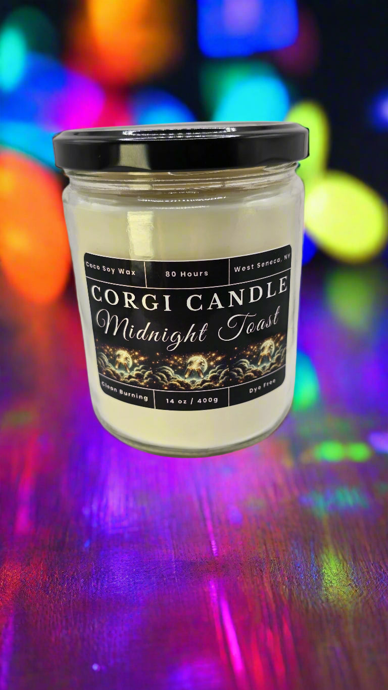 Corgi Candle Midnight Toast 14 oz soy candle in a sleek glass jar with elegant label, featuring citrus, berries, and champagne notes