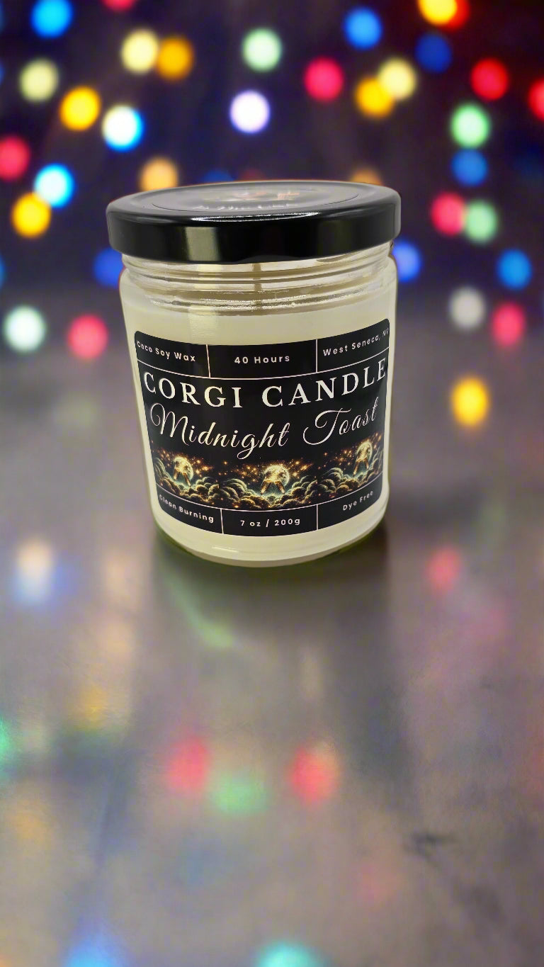 Midnight Toast 7 oz soy candle in a minimalist glass jar with a romantic label, featuring a celebratory fragrance of champagne, florals, and musk, hand-poured by CORGI CANDLE.