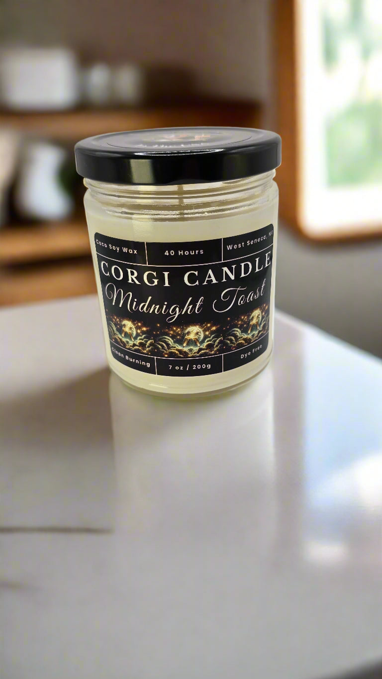 Midnight Toast 7 oz soy candle in a minimalist glass jar with a romantic label, featuring a celebratory fragrance of champagne, florals, and musk, hand-poured by CORGI CANDLE.