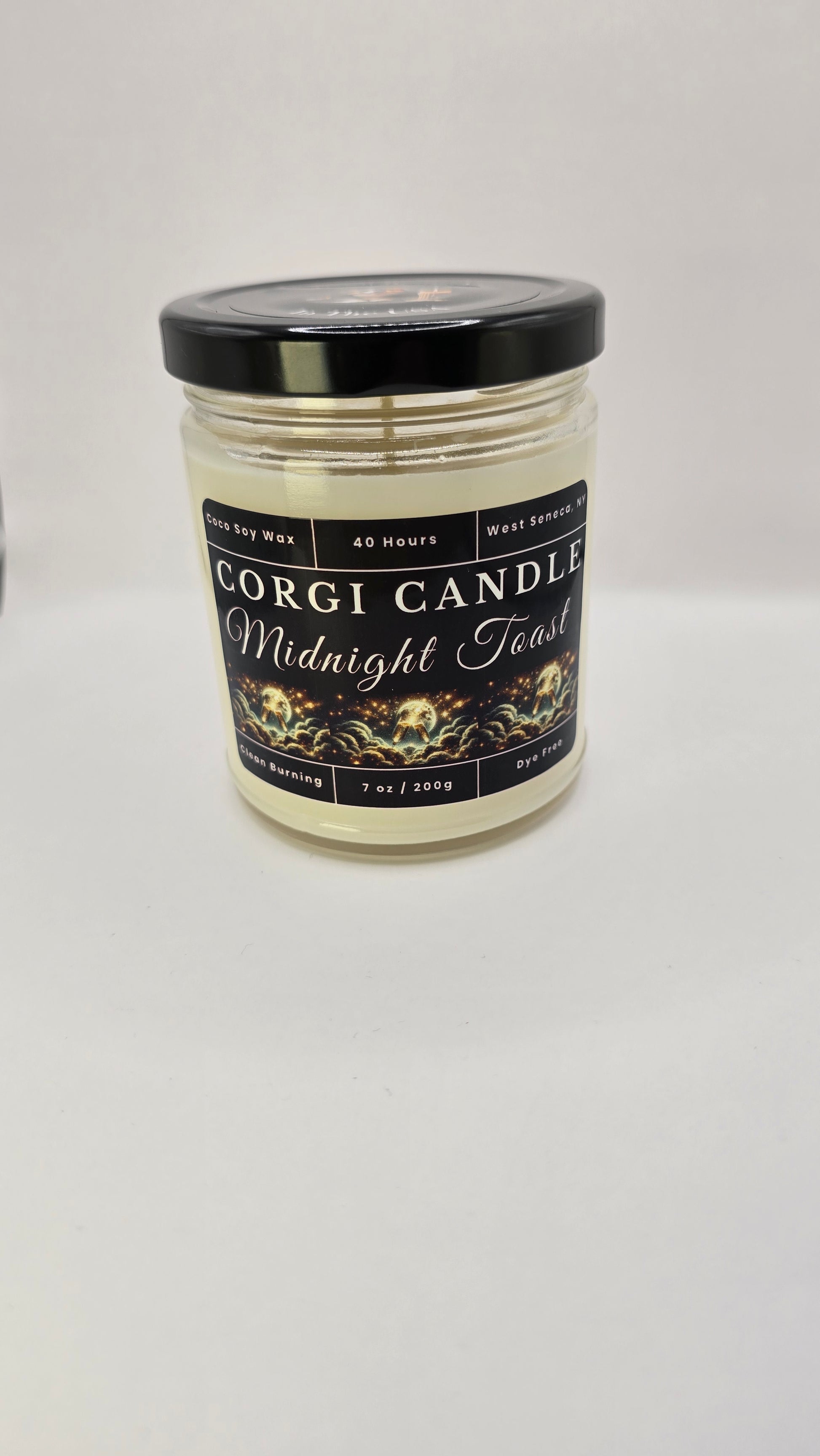 Midnight Toast 7 oz soy candle in a minimalist glass jar with a romantic label, featuring a celebratory fragrance of champagne, florals, and musk, hand-poured by CORGI CANDLE.