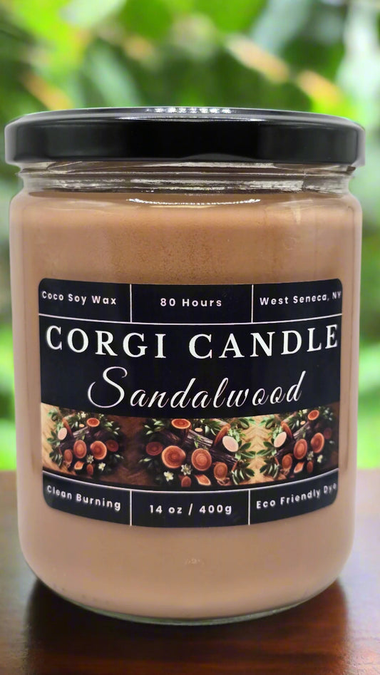 Sandalwood 14 oz soy candle by CORGI CANDLE in a minimal glass jar, styled in a calming home setting