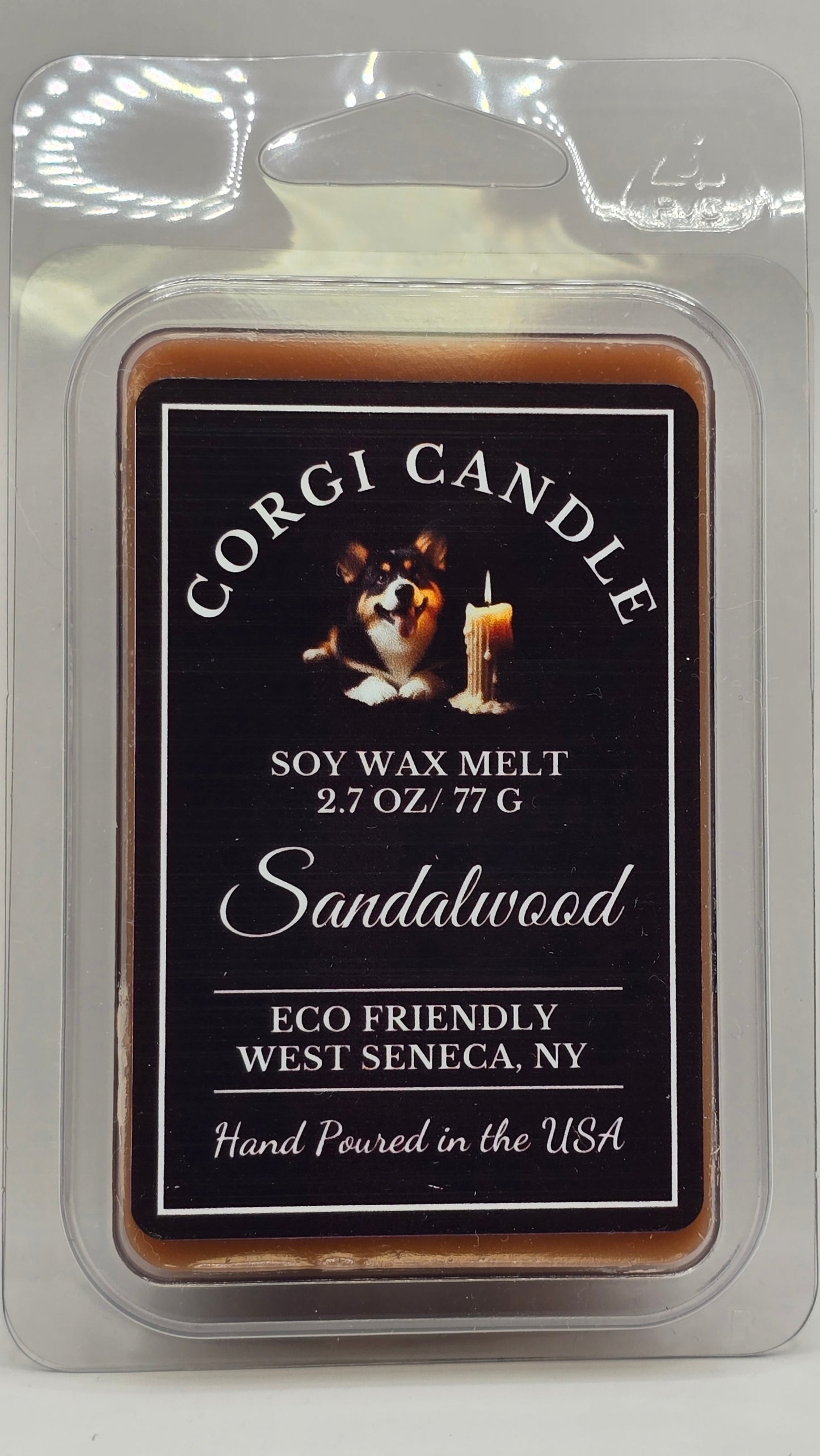 Front of Sandalwood Wax Melts package from CORGI CANDLE in clamshell packaging
