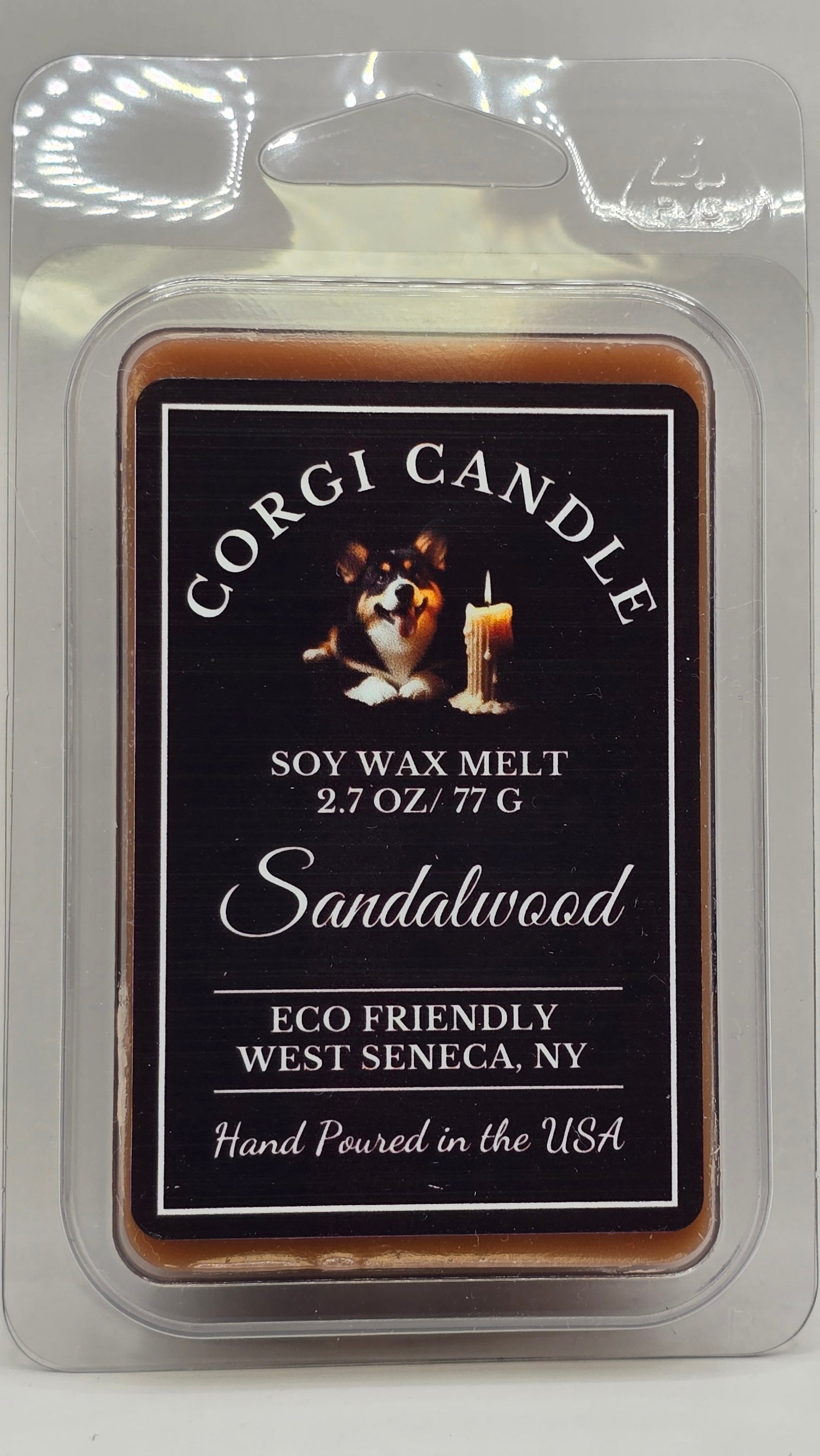 Front of Sandalwood Wax Melts package from CORGI CANDLE in clamshell packaging