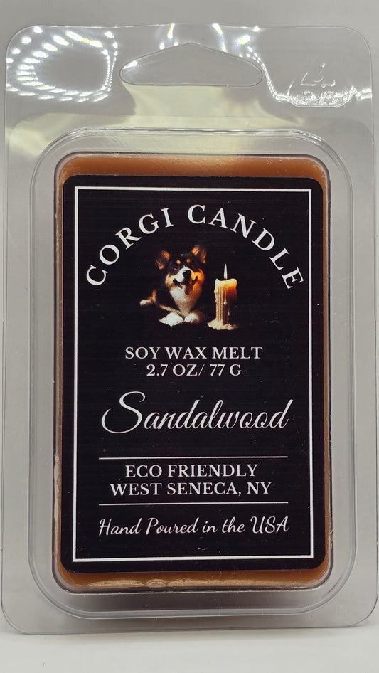Front of Sandalwood Wax Melts package from CORGI CANDLE in clamshell packaging