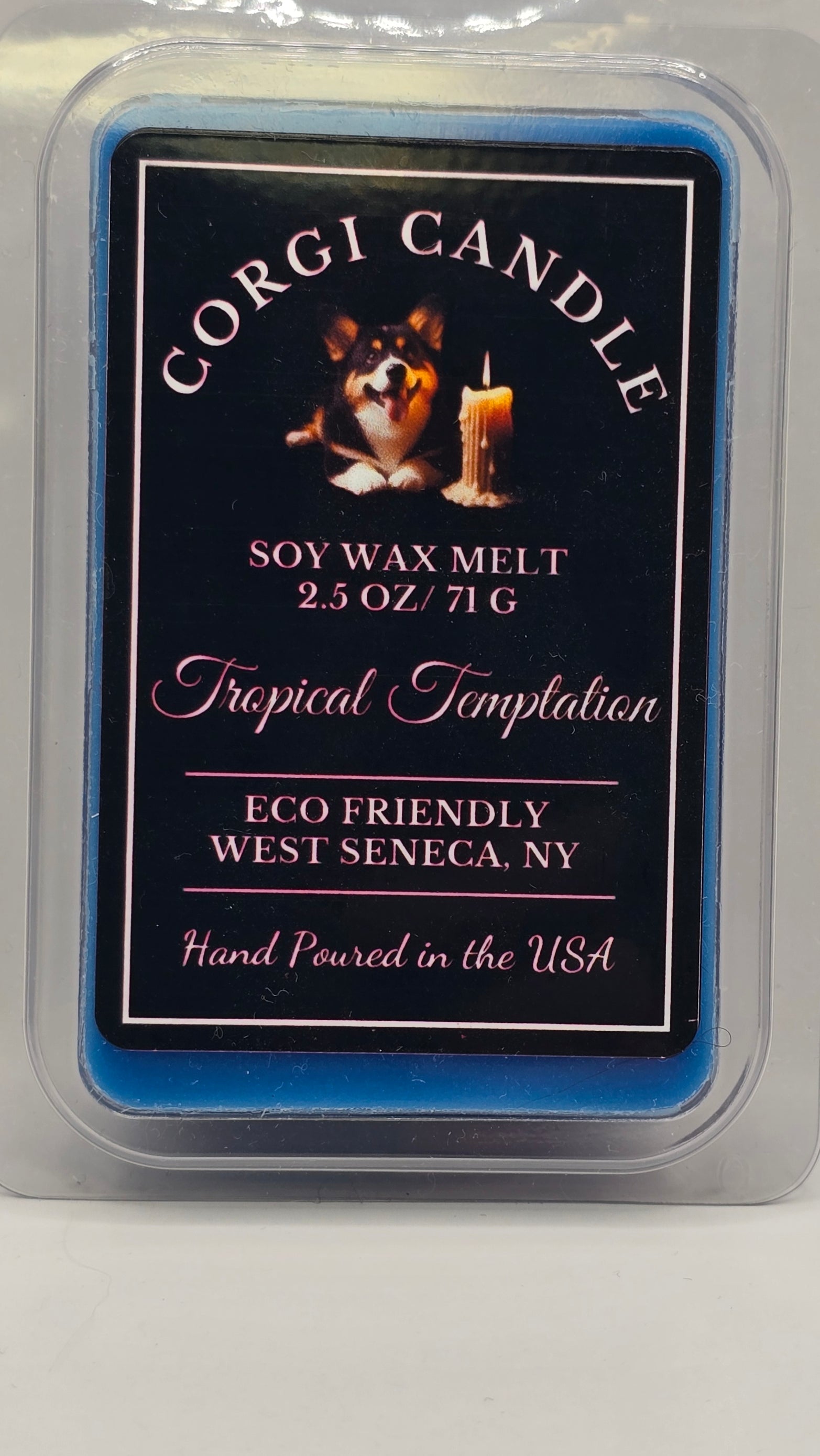 Tropical Temptation wax melts from CORGI CANDLE in clamshell packaging, featuring Brazilian-inspired scent label