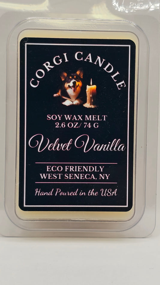 Front view of Velvet Vanilla Wax Melts in standard packaging by CORGI CANDLE