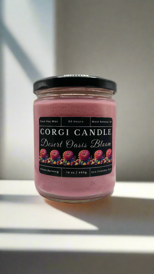 Desert Oasis Bloom 14 oz soy candle in a minimalist glass jar with cactus-inspired fragrance featuring aloe, agave, and soft florals by CORGI CANDLE