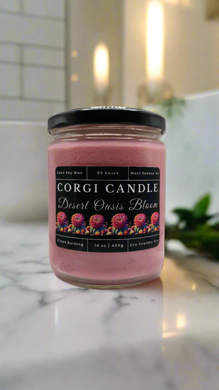 Desert Oasis Bloom 14 oz soy candle in a minimalist glass jar with cactus-inspired fragrance featuring aloe, agave, and soft florals by CORGI CANDLE