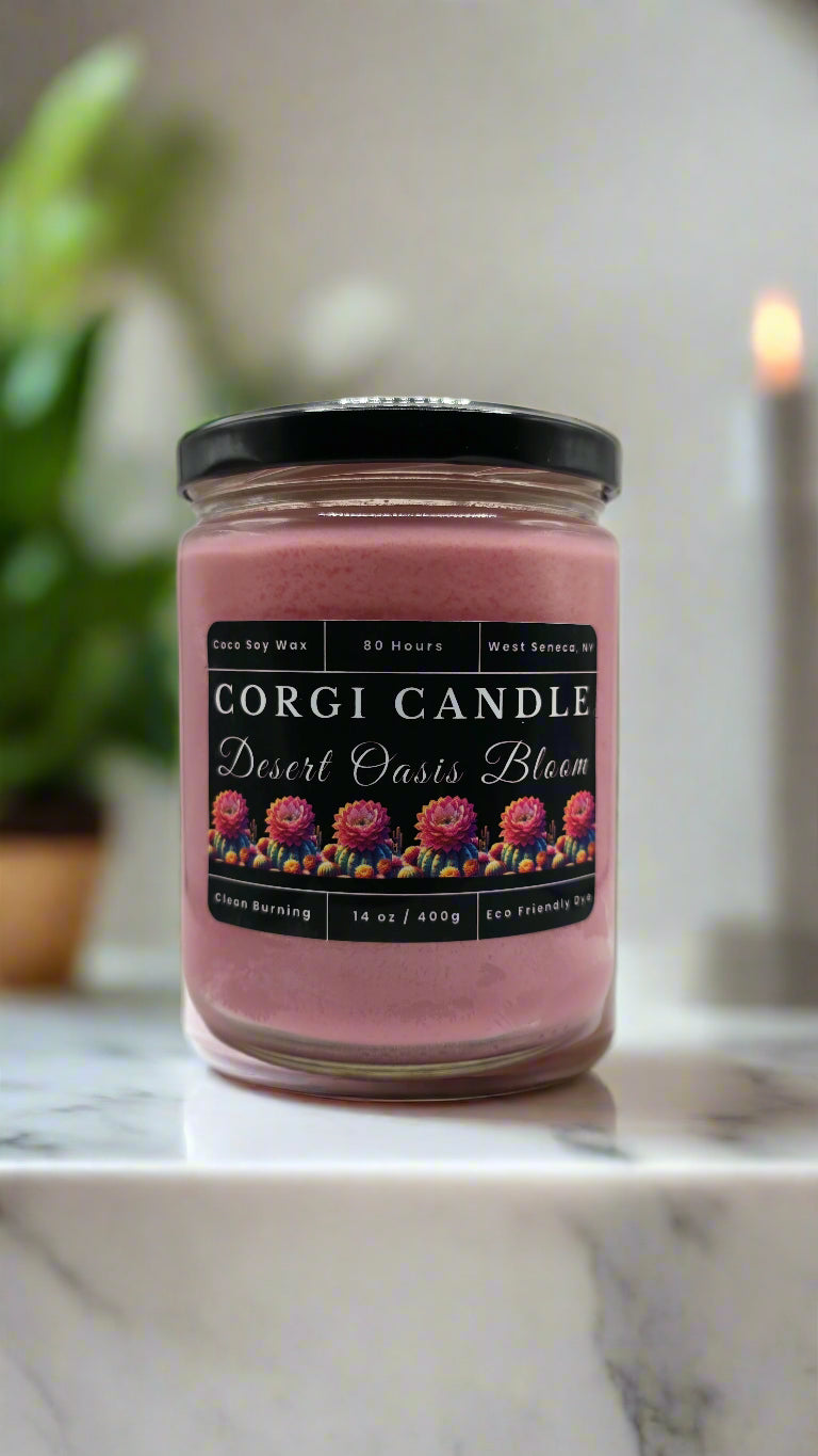 Desert Oasis Bloom 14 oz soy candle in a minimalist glass jar with cactus-inspired fragrance featuring aloe, agave, and soft florals by CORGI CANDLE