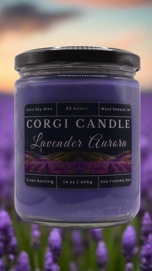 Lavender Aurora 14 oz soy candle in a soft-toned glass jar with minimalist label, featuring French lavender, chamomile, and sandalwood by CORGI CANDLE.