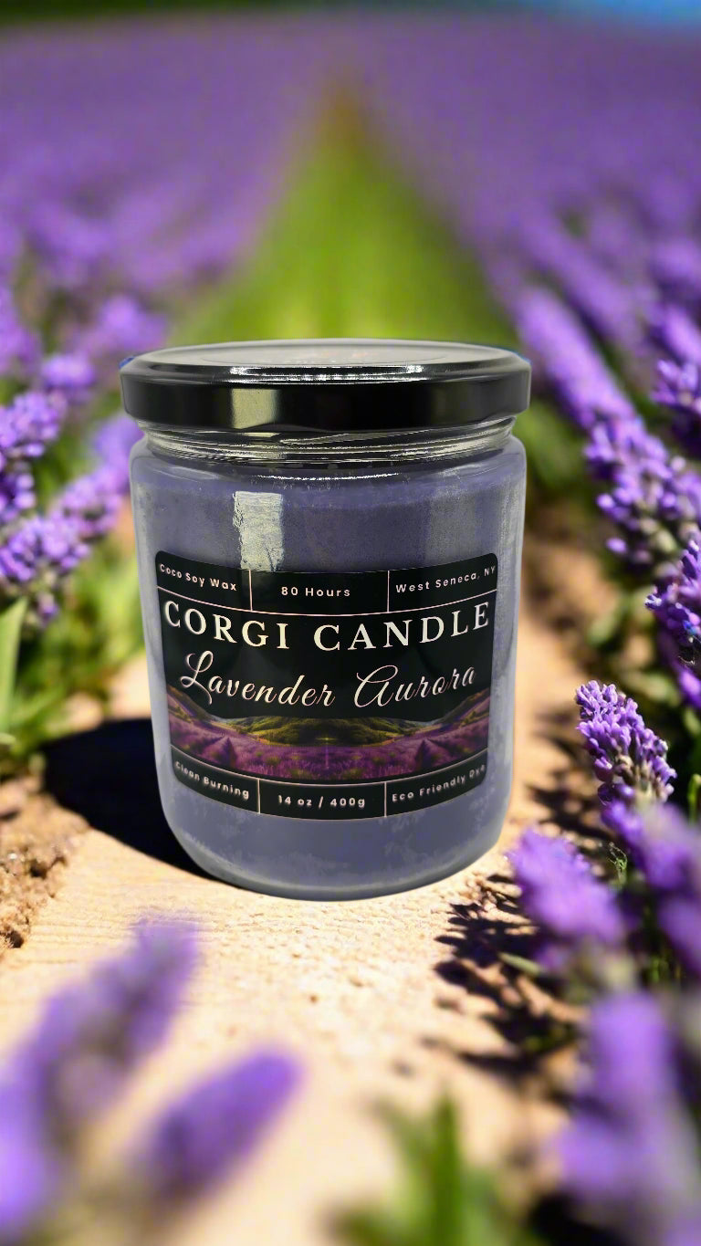 Lavender Aurora 14 oz soy candle in a soft-toned glass jar with minimalist label, featuring French lavender, chamomile, and sandalwood by CORGI CANDLE