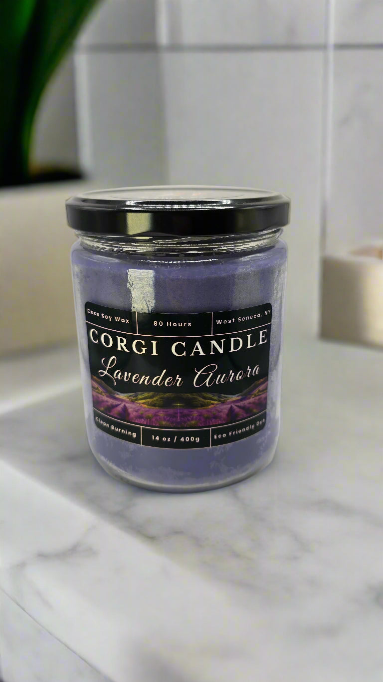 Lavender Aurora 14 oz soy candle in a soft-toned glass jar with minimalist label, featuring French lavender, chamomile, and sandalwood by CORGI CANDLE.