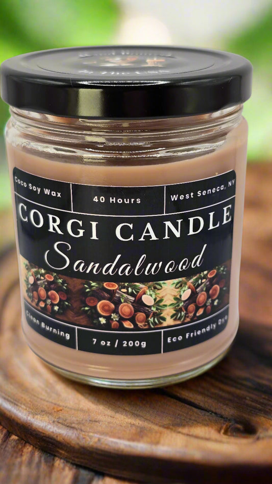 Sandalwood soy candle in a warm-toned glass jar with a minimalist label, featuring a rich sandalwood scent with notes of musk and vanilla, hand-poured by CORGI CANDLE.