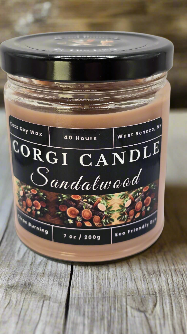 Sandalwood soy candle in a warm-toned glass jar with a minimalist label, featuring a rich sandalwood scent with notes of musk and vanilla, hand-poured by CORGI CANDLE.