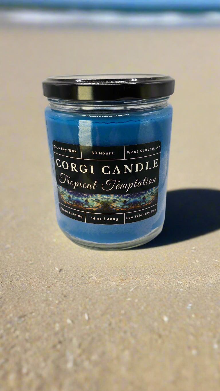 Tropical Temptation 14 oz soy candle in a coastal-inspired glass jar with clean label, featuring a warm scent of pistachio, caramel, vanilla, and sandalwood by CORGI CANDLE