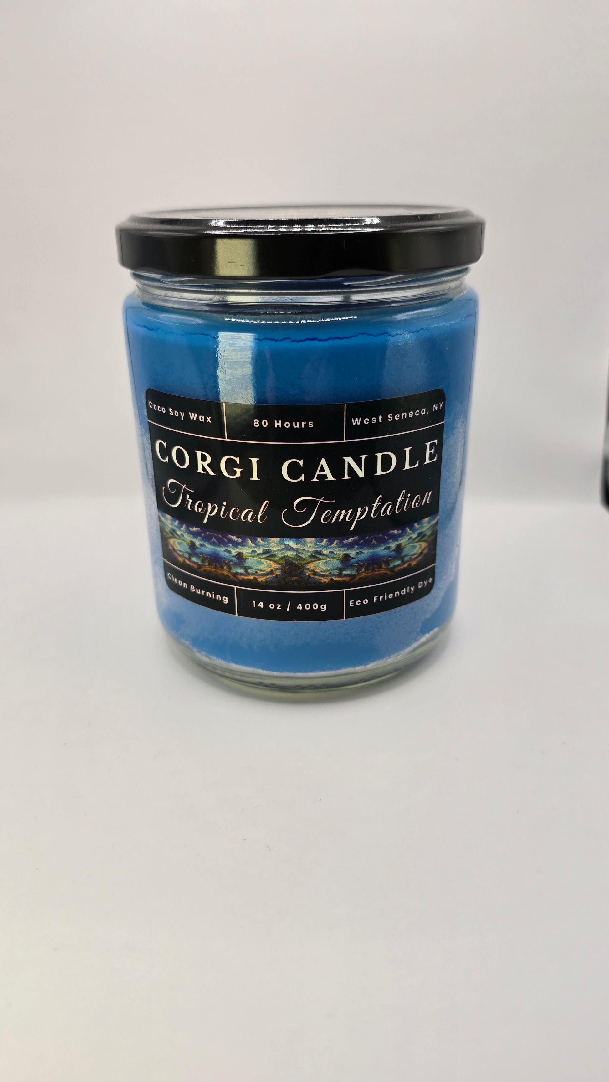 Tropical Temptation 14 oz soy candle in a coastal-inspired glass jar with clean label, featuring a warm scent of pistachio, caramel, vanilla, and sandalwood by CORGI CANDLE