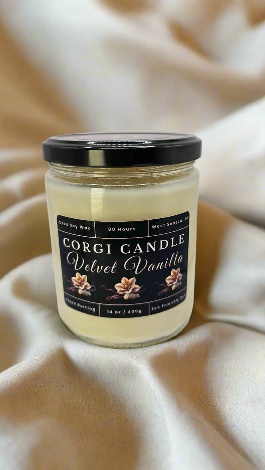Velvet Vanilla 14 oz soy candle in a soft cream-toned glass jar with minimalist label, featuring vanilla, tonka bean, and sandalwood by CORGI CANDLE.