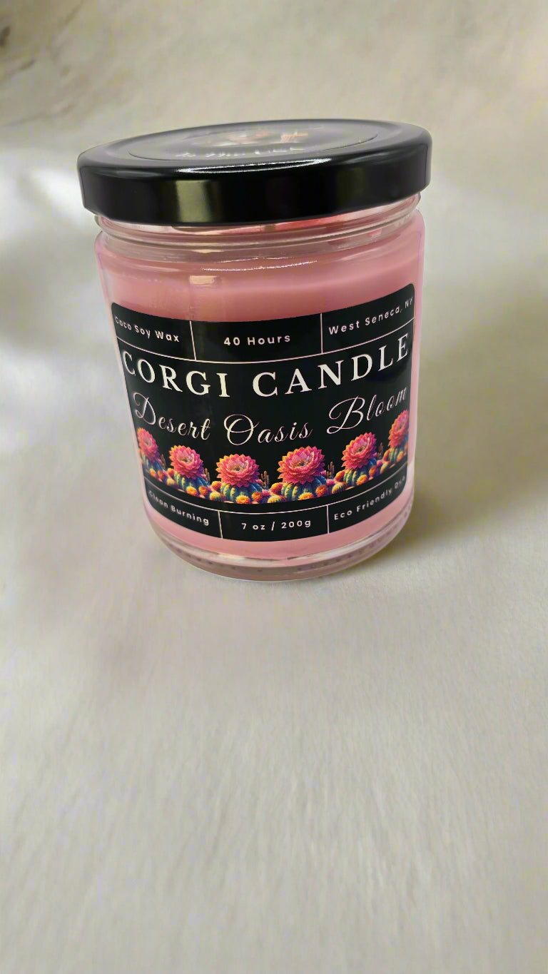 Desert Oasis Bloom candle in glass jar, hand-poured with coconut soy wax, inspired by Baja Cactus scent, featuring fresh agave, aloe, and soft floral notes