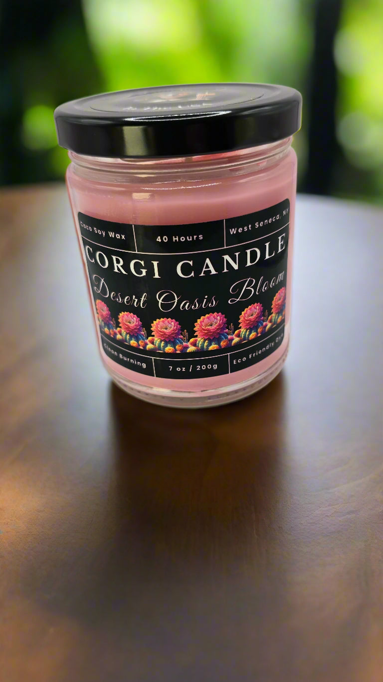 Desert Oasis Bloom candle in glass jar, hand-poured with coconut soy wax, inspired by Baja Cactus scent, featuring fresh agave, aloe, and soft floral notes