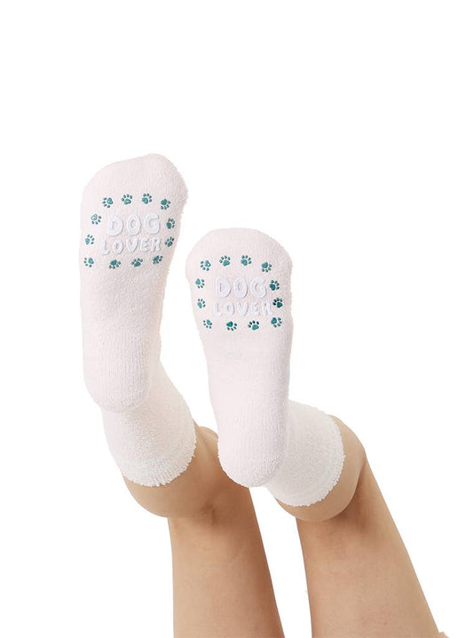 Fuzzy Crew Socks w/ Bottom Grip Phrase - "Dog Lover" - Cream