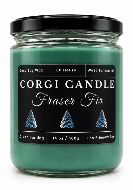 14 oz Fraser Fir soy scented candle by CORGI CANDLE, deep green holiday candle handcrafted in West Seneca, NY on a clean white background.