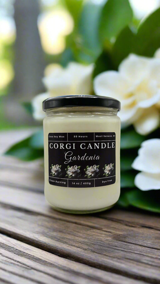 Gardenia 14 oz soy scented candle made with eco-friendly wax by CORGI CANDLE