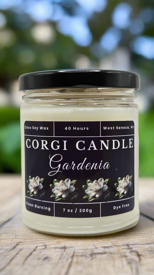Gardenia 7 oz soy scented candle made with eco-friendly wax by CORGI CANDLE