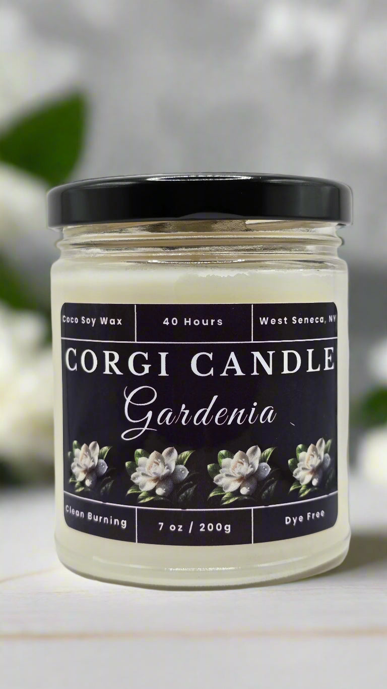 Gardenia 7 oz soy scented candle made with eco-friendly wax by CORGI CANDLE