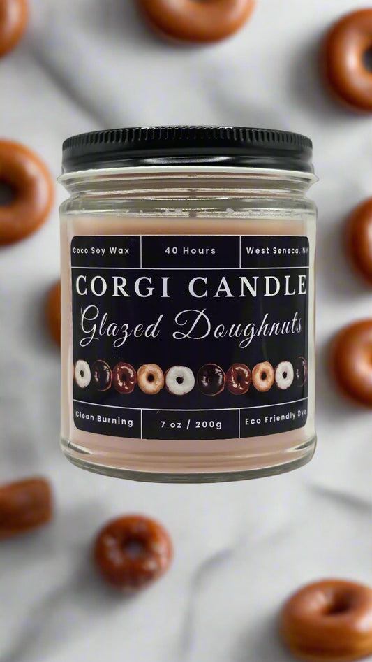 Glazed Doughnuts – 7 oz Soy Scented Candle by CORGI CANDLE, hand-poured soy and coconut wax with a sweet bakery-inspired fragrance